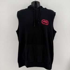 Ecko Unltd Sleeveless Hoodie Mens L Black Solid Cotton Blend Red Rhino Logo